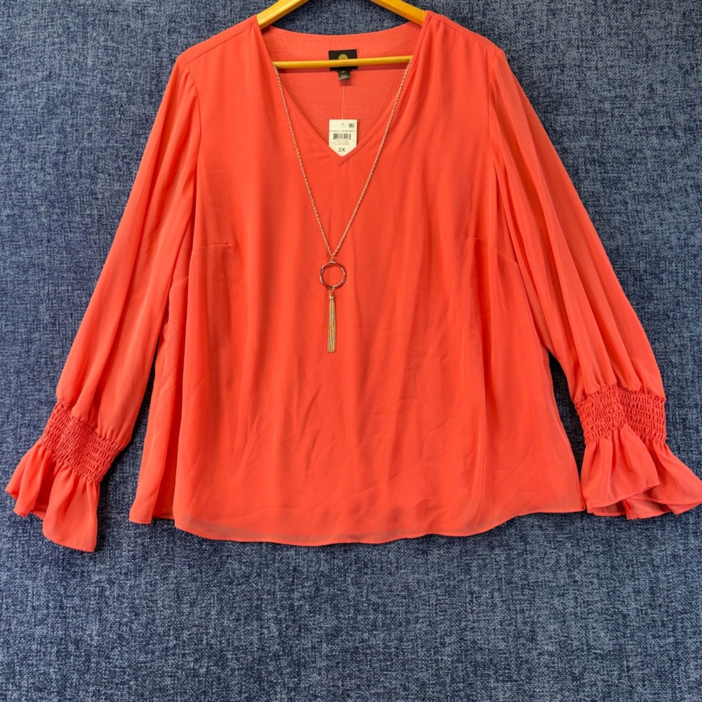 JM Collection Blouse Womens 2X Guava Sorbet Polyester Regular Fit V-Neck Chain